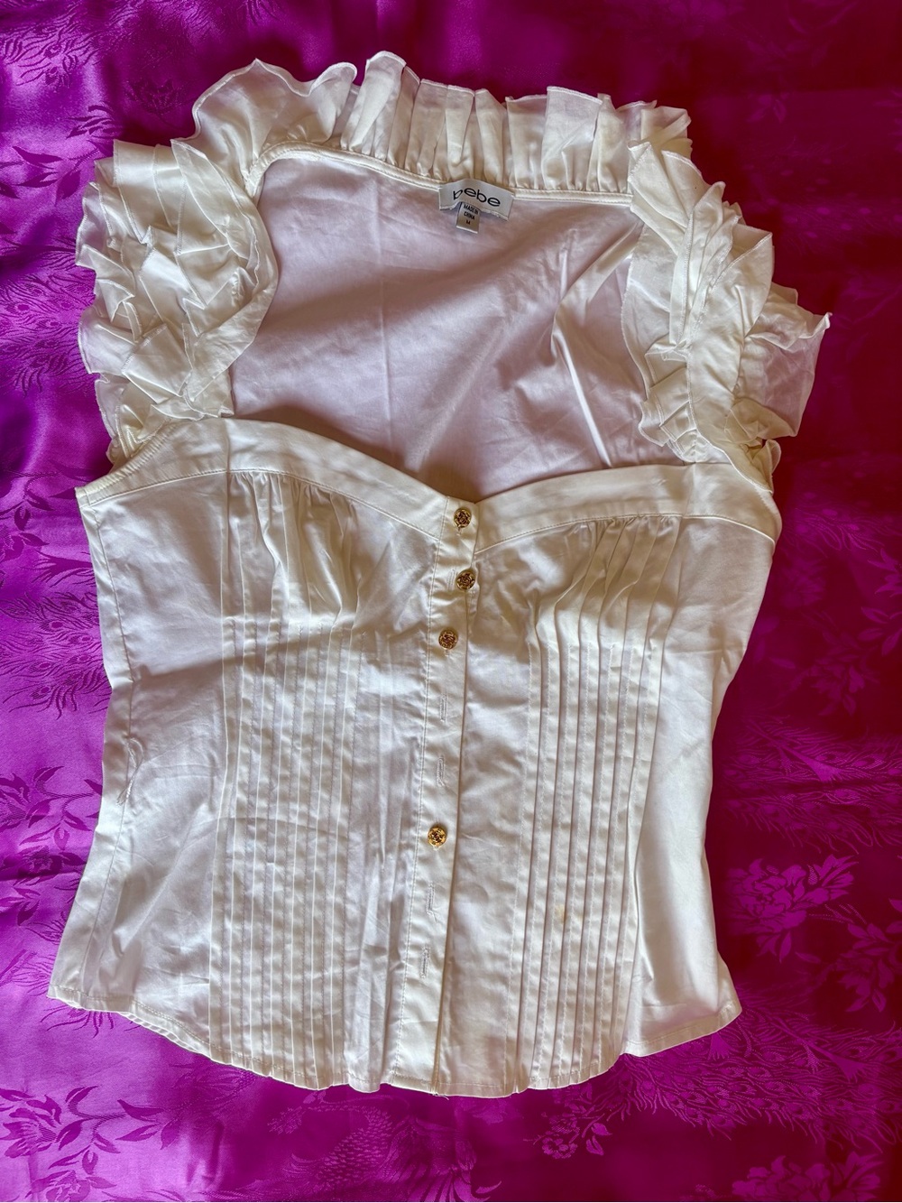 bebe Cream Ruffled Cap-Sleeve Corset Button-Front Top